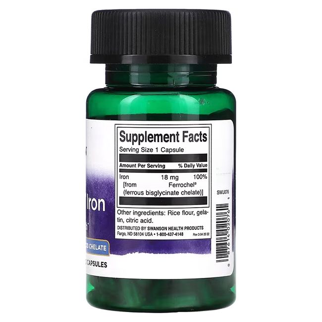 Dos d'un flacon vert avec bouchon noir. Étiquette avec informations nutritionnelles: 18 mg de fer par capsule.