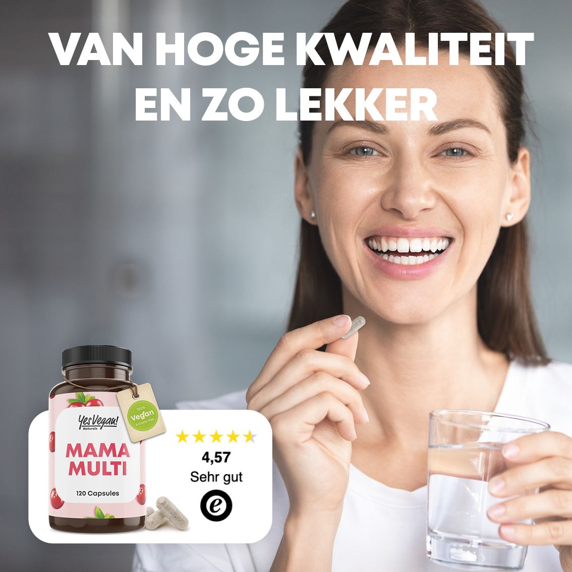 Vrouw neemt Mama Multi capsule in, glas water, hoge kwaliteit.