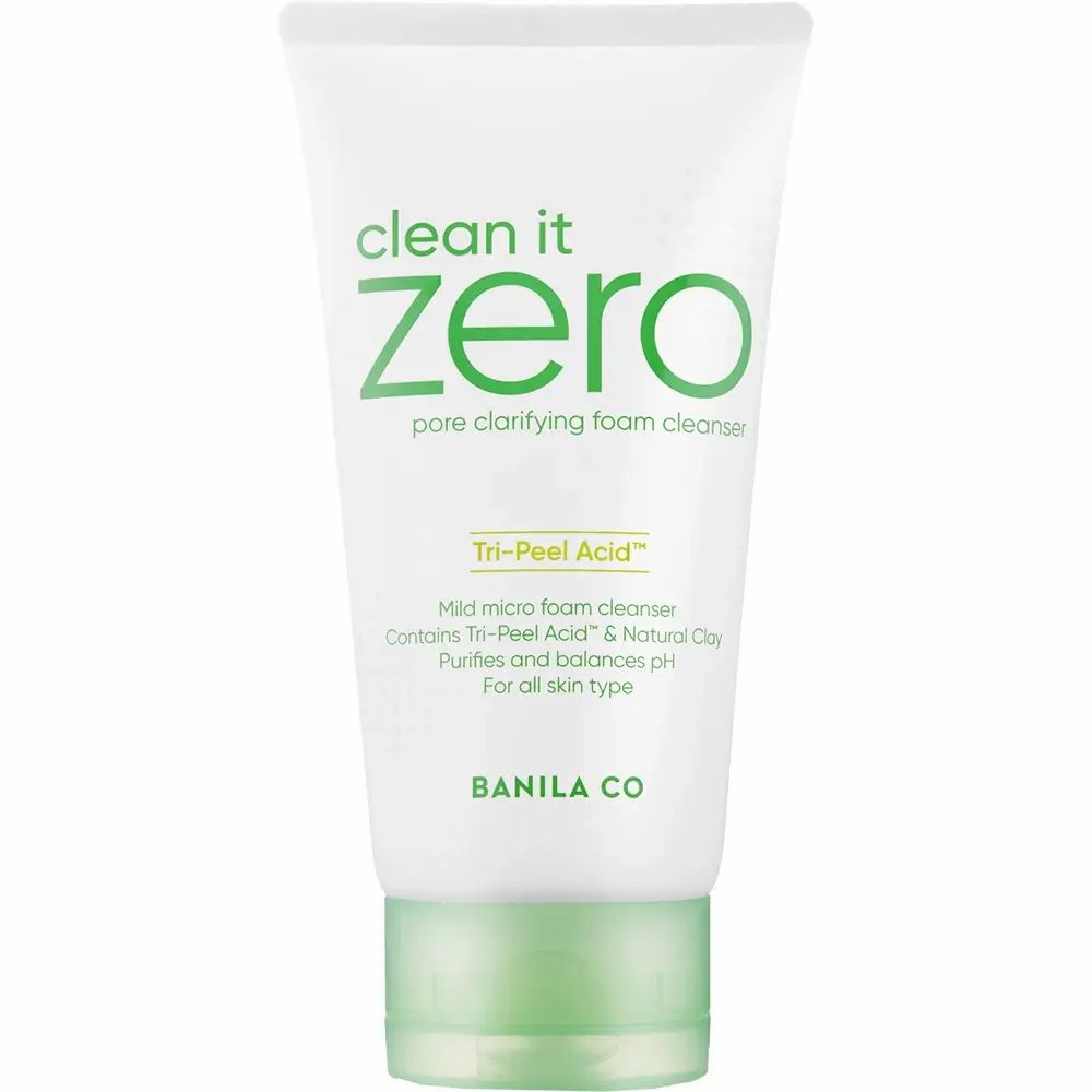 Tube blanc avec bouchon vert. Le tube affiche "clean it zero" et "BANILA CO". Texte avec "Tri-Peel Acid".