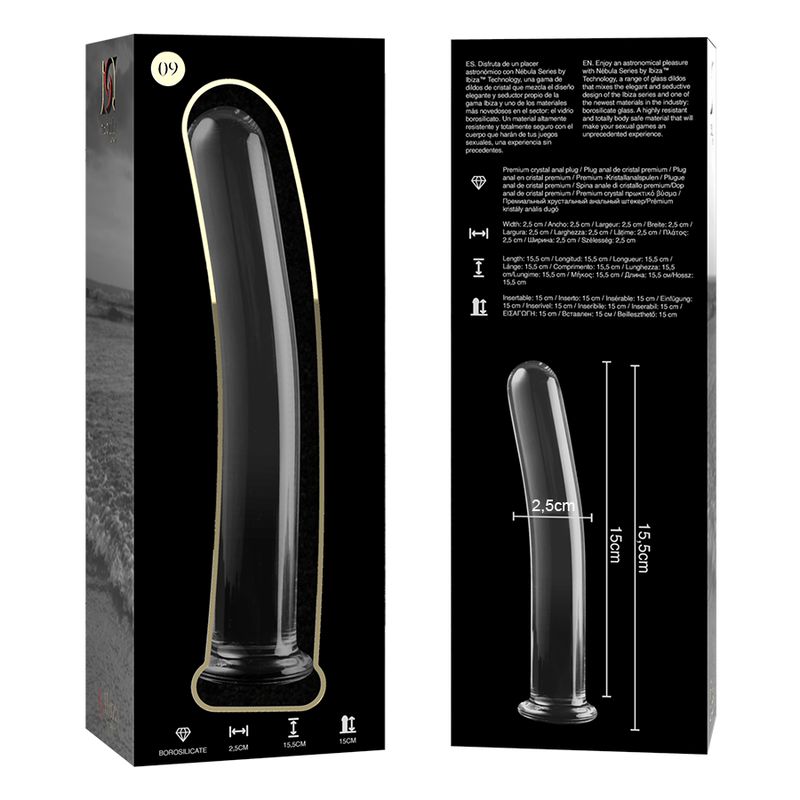 Emballage et dildo en verre borosilicaté, modèle 9. Face avant : boîte noire avec image produit. Face arrière : informations produit et dimensions.