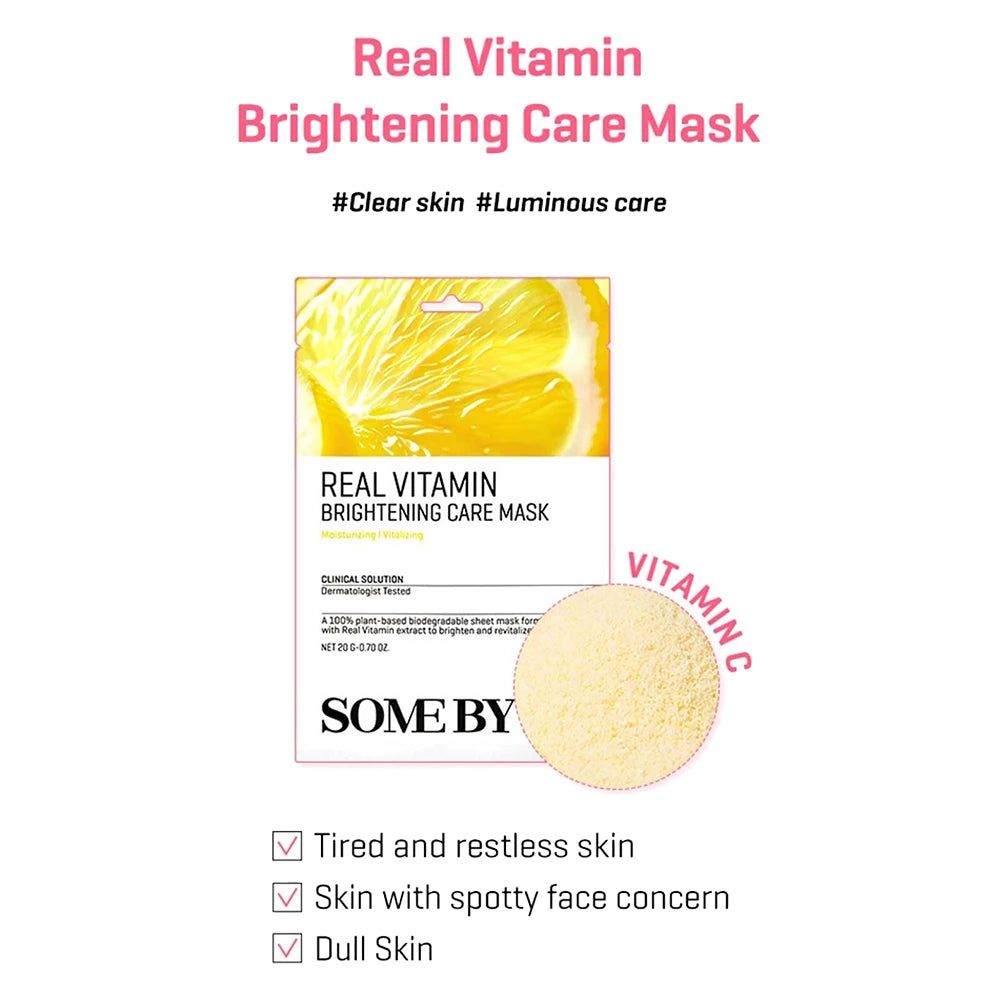Masque SOMEBYMI Real Vitamin Brightening Care Mask avec citron et poudre de vitamine C. Pour peau fatiguée.