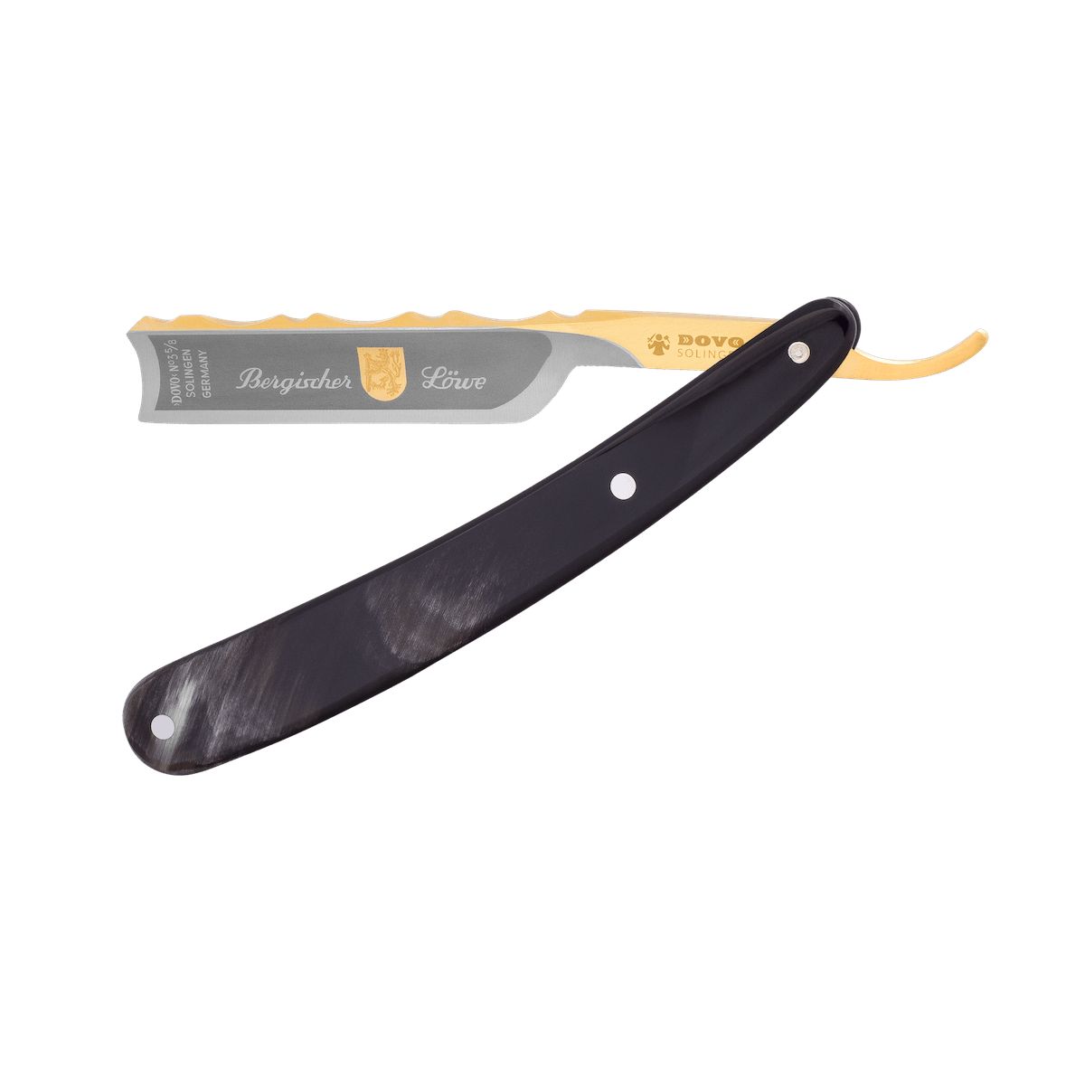 Rasoir avec manche noir, lame dorée gravée « Bergischer Löwe ». Marque DOVO.