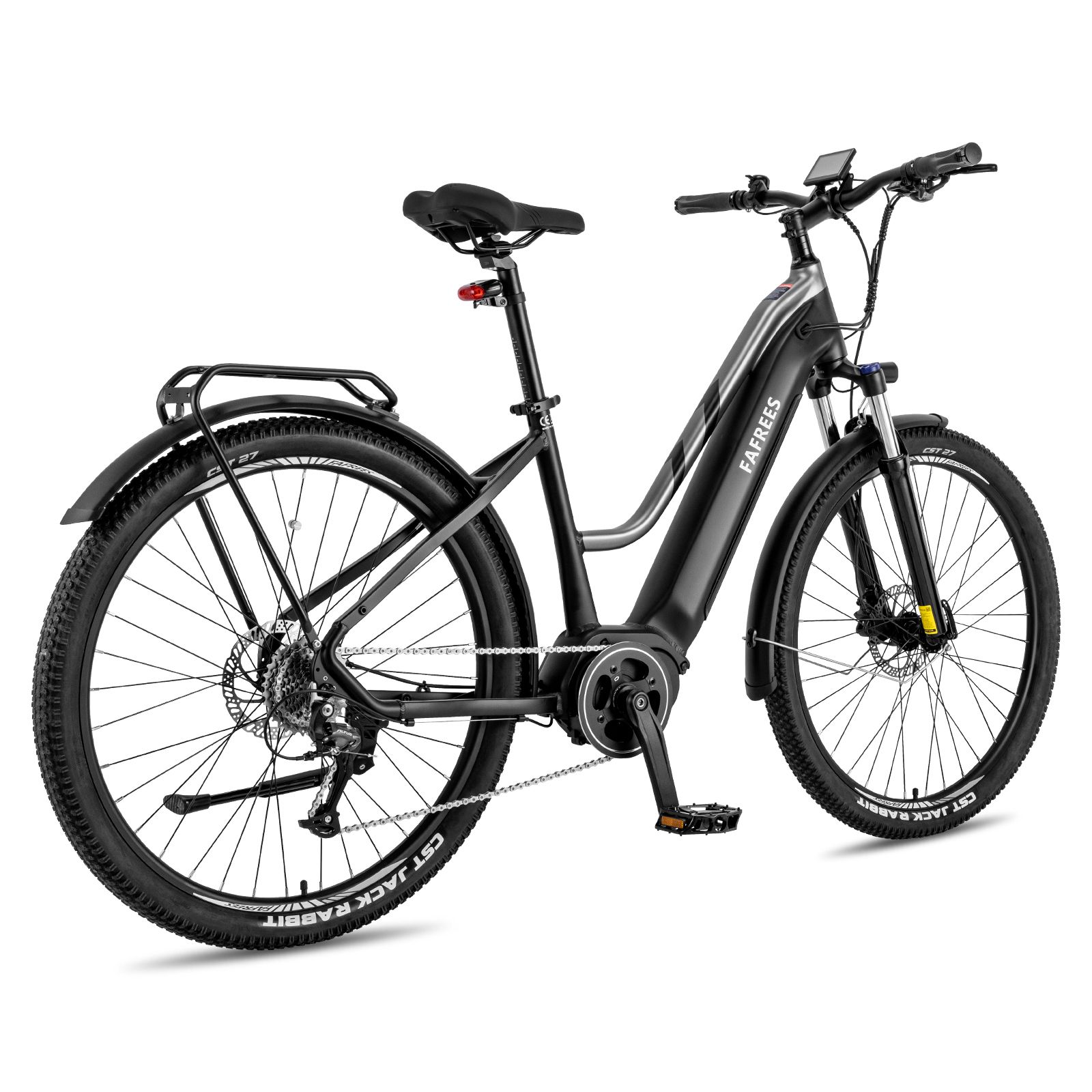 Zwarte e-bike met middenmotor. FAFREES-logo op het frame. Bagagedrager, spatborden en zwarte banden.