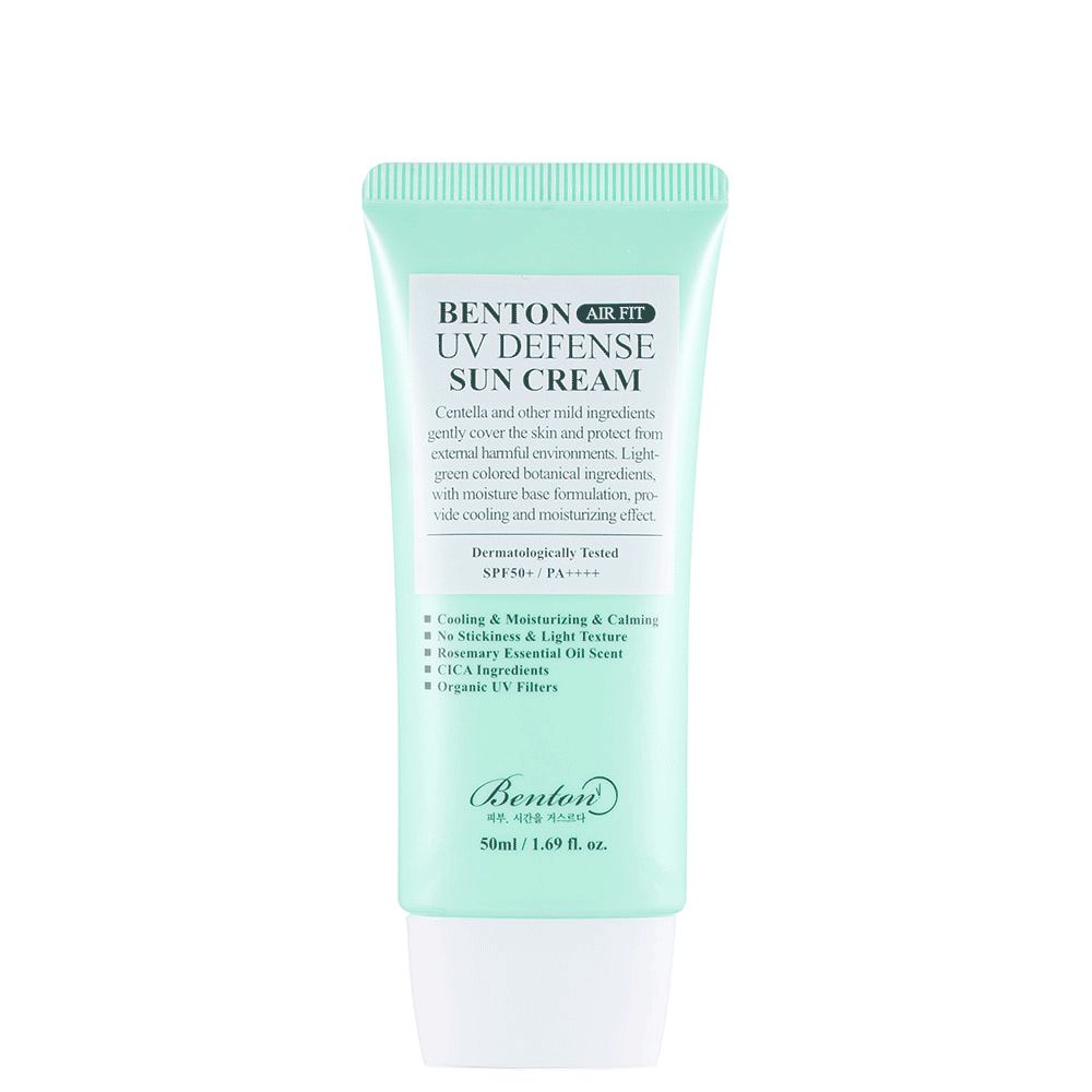 Benton Air Fit UV Defense Sun Cream tube met SPF50+ PA++++. Lichte, verkoelende en hydraterende formule.