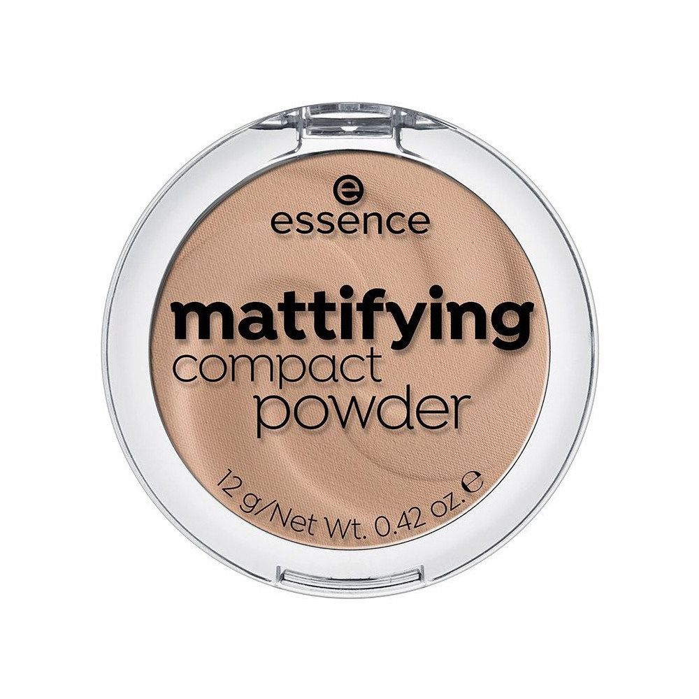 Ronde, transparante verpakking met matterende compactpoeder. Opschrift 'essence mattifying compact powder'.