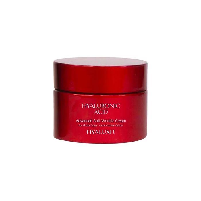 Pot rouge de crème anti-rides. Inscription : Acide hyaluronique, Advanced Anti-Wrinkle Cream. Pour tous types de peau.