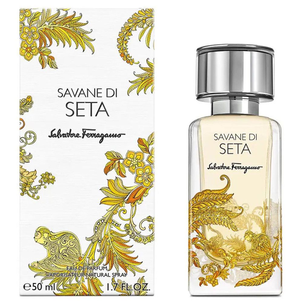Flacon et emballage Salvatore Ferragamo Savane Di Seta Eau de Parfum avec décor doré.