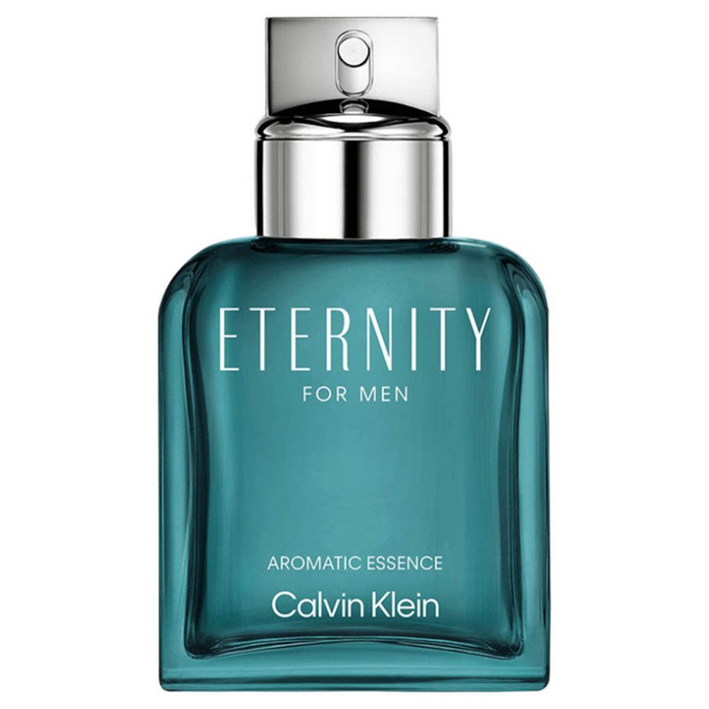 Flacon turquoise avec bouchon argenté. Inscription: Eternity for Men, Aromatic Essence, Calvin Klein.