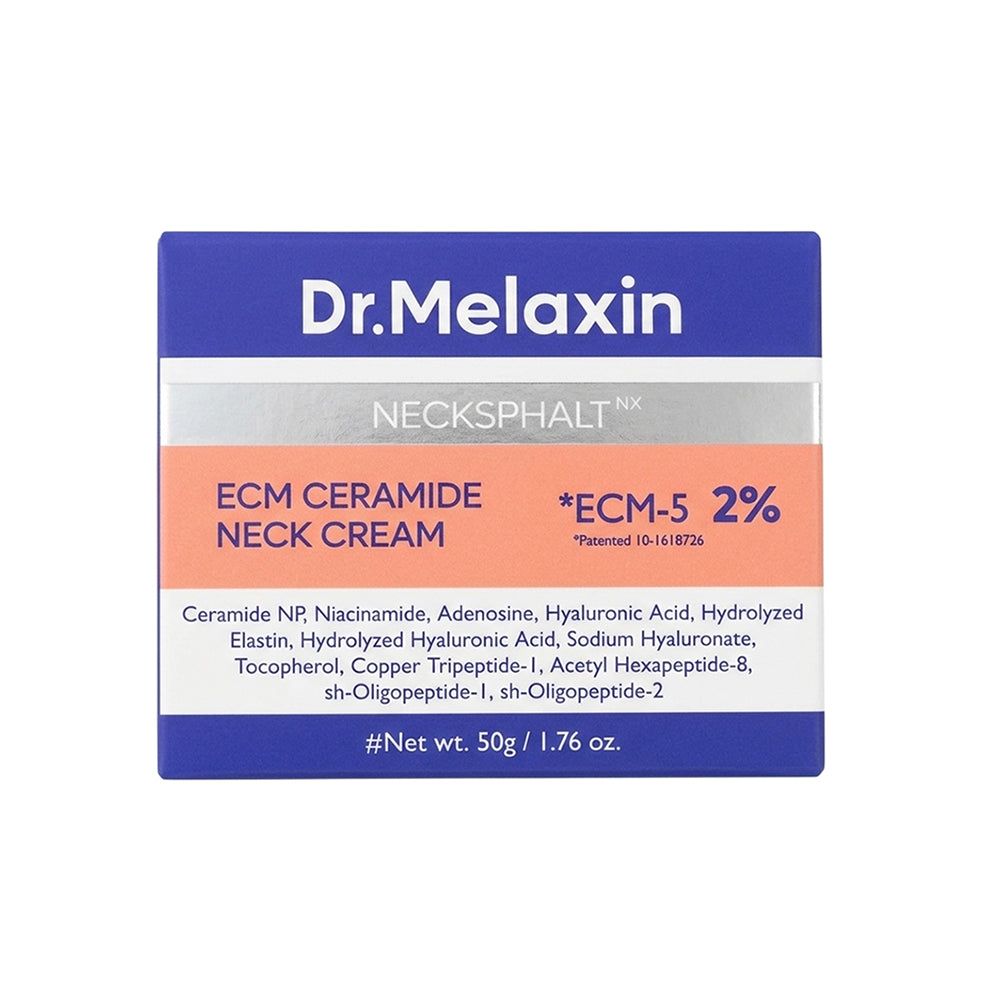 Pot de crème pour le cou Dr. Melaxin Necksphalt ECM Céramide avec étiquette listant les ingrédients.