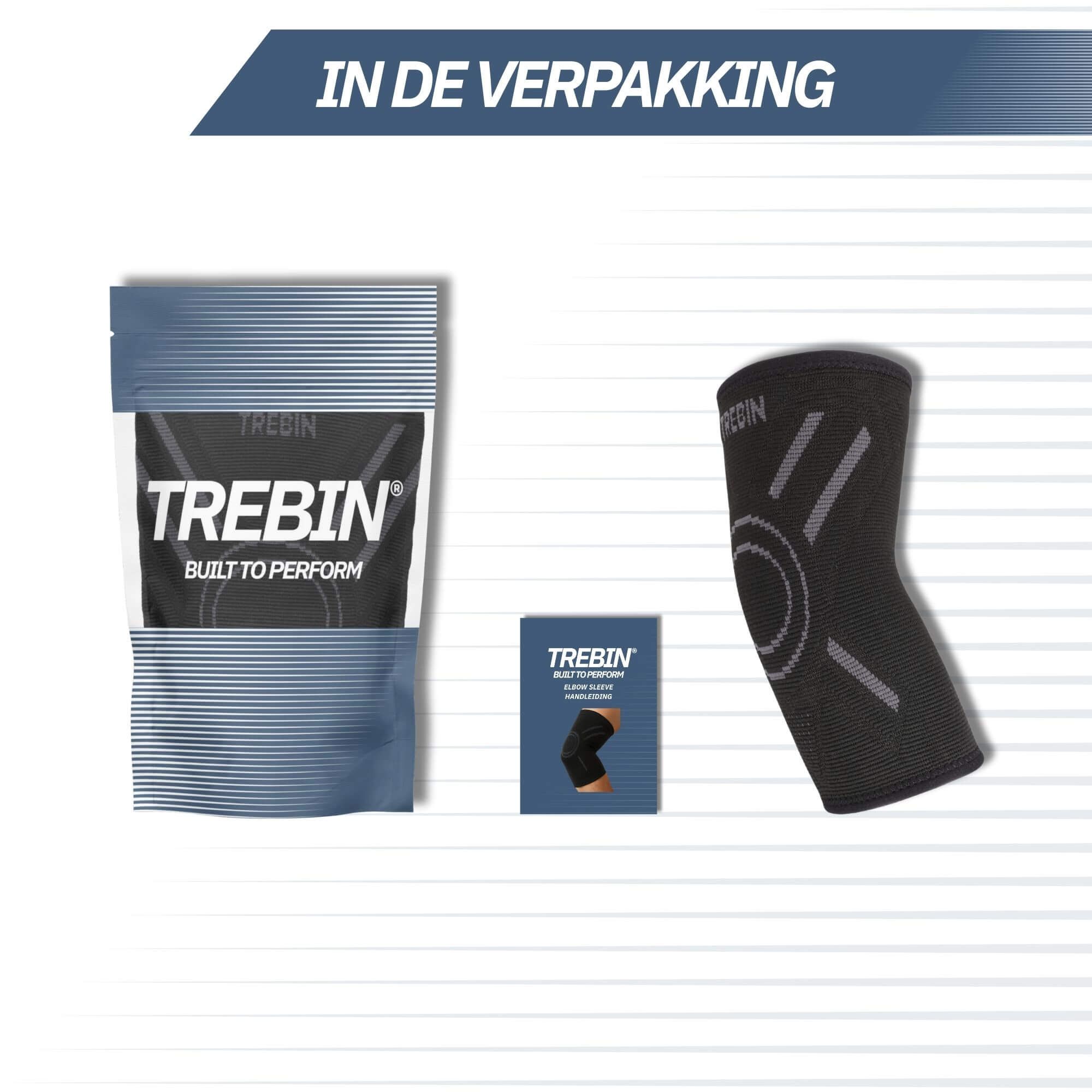 Contenu de l'emballage : un manchon de coude noir, une petite boîte et un sachet d'emballage avec logo 'TREBIN'.