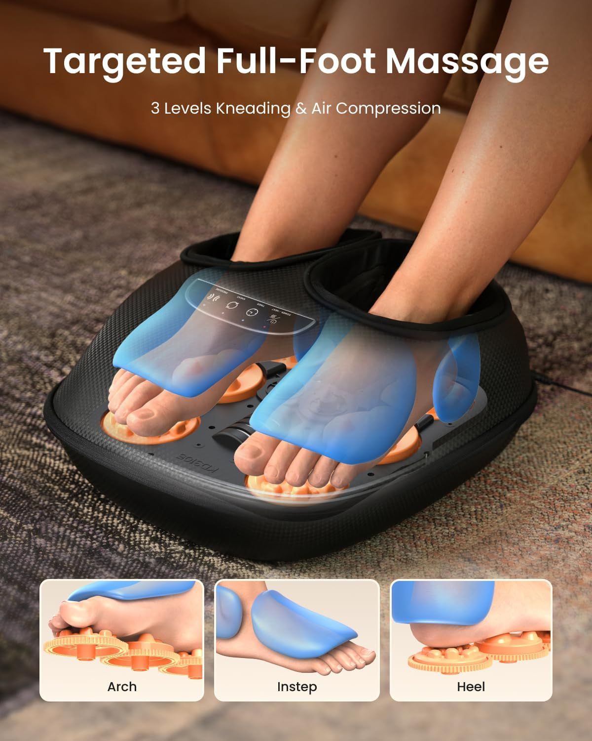 Voetmassager met luchtdruk en kneedfunctie voor voetboog, wreef en hiel.