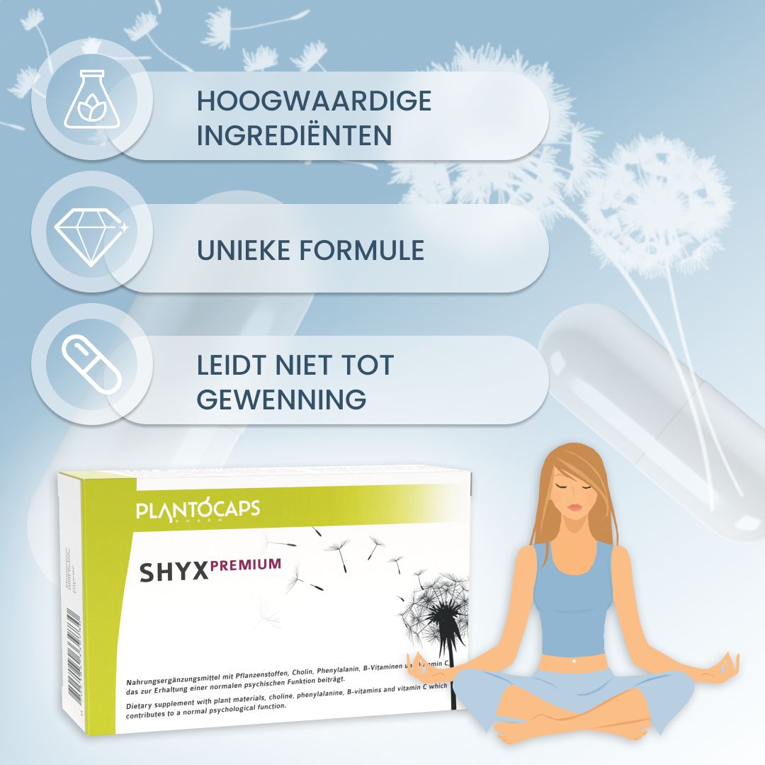 PlantoCaps SHYX PREMIUM: vrij van aroma's, gentech, kleurstoffen, gluten en lactose.