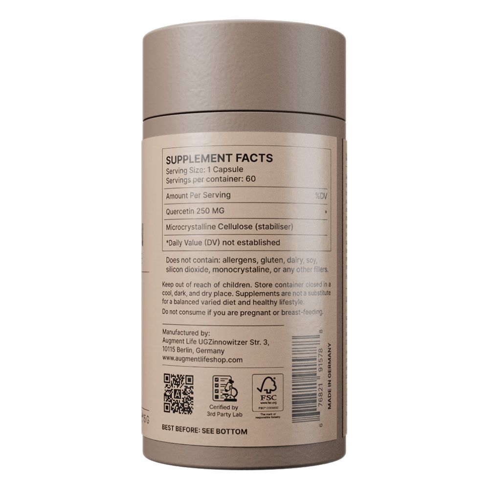 Informations nutritionnelles : 60 gélules, 250 mg de Quercétine par gélule. Fabriqué en Allemagne.
