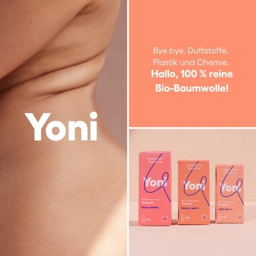 Collage avec texte et emballages de tampons. Marque Yoni. 100% coton bio.