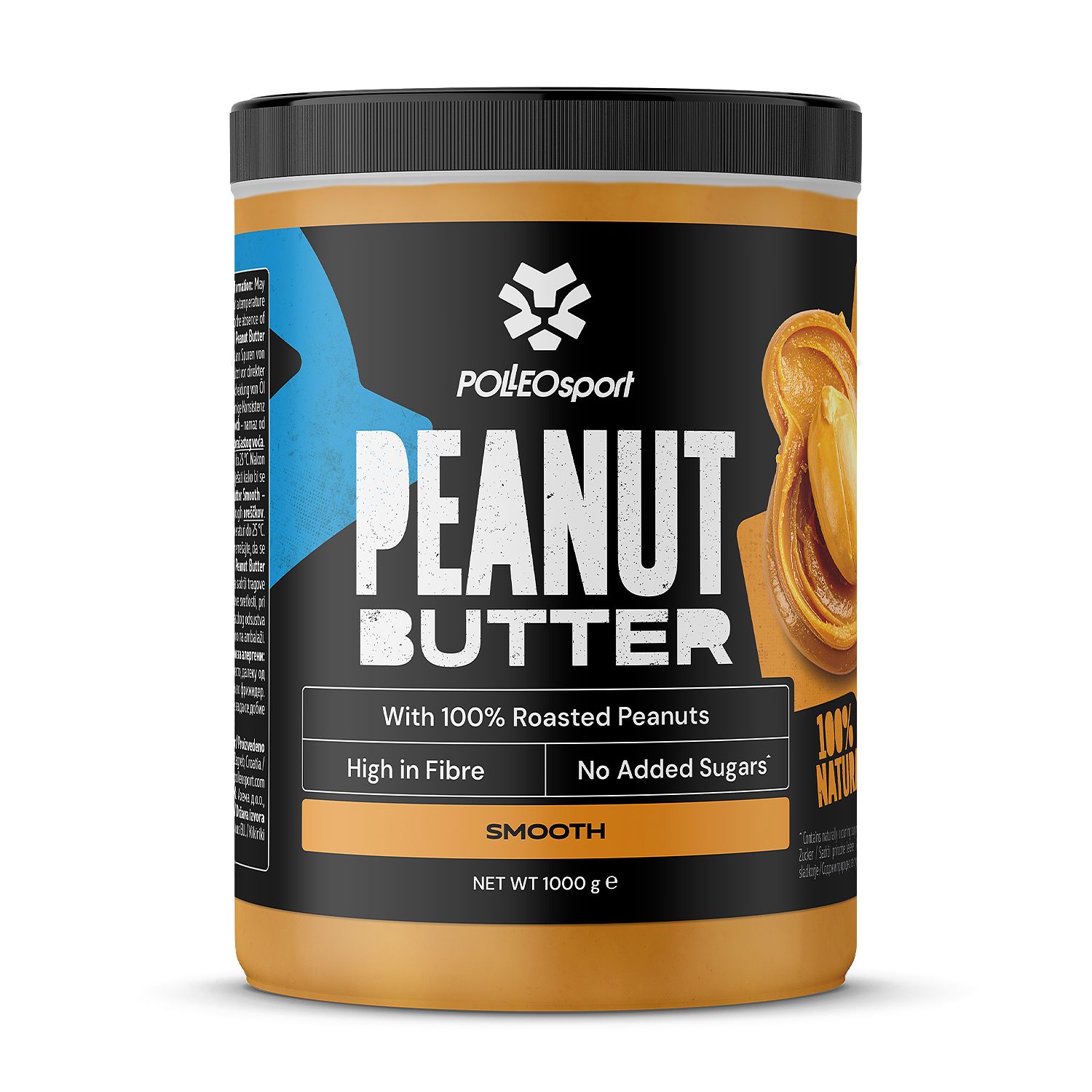 Pot pindakaas met zwart deksel. Opschrift: Polleo Sport, Peanut Butter. Bevat voedingsinformatie en 100% geroosterde pinda's.