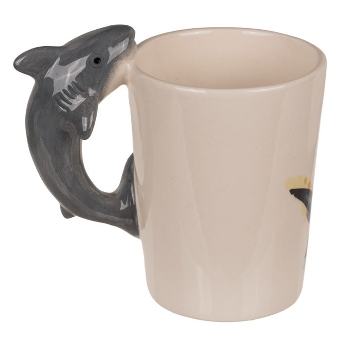 Beker OOTB Squalo. Witte beker met haai-handvat en haai-decor. Grijze handvat.