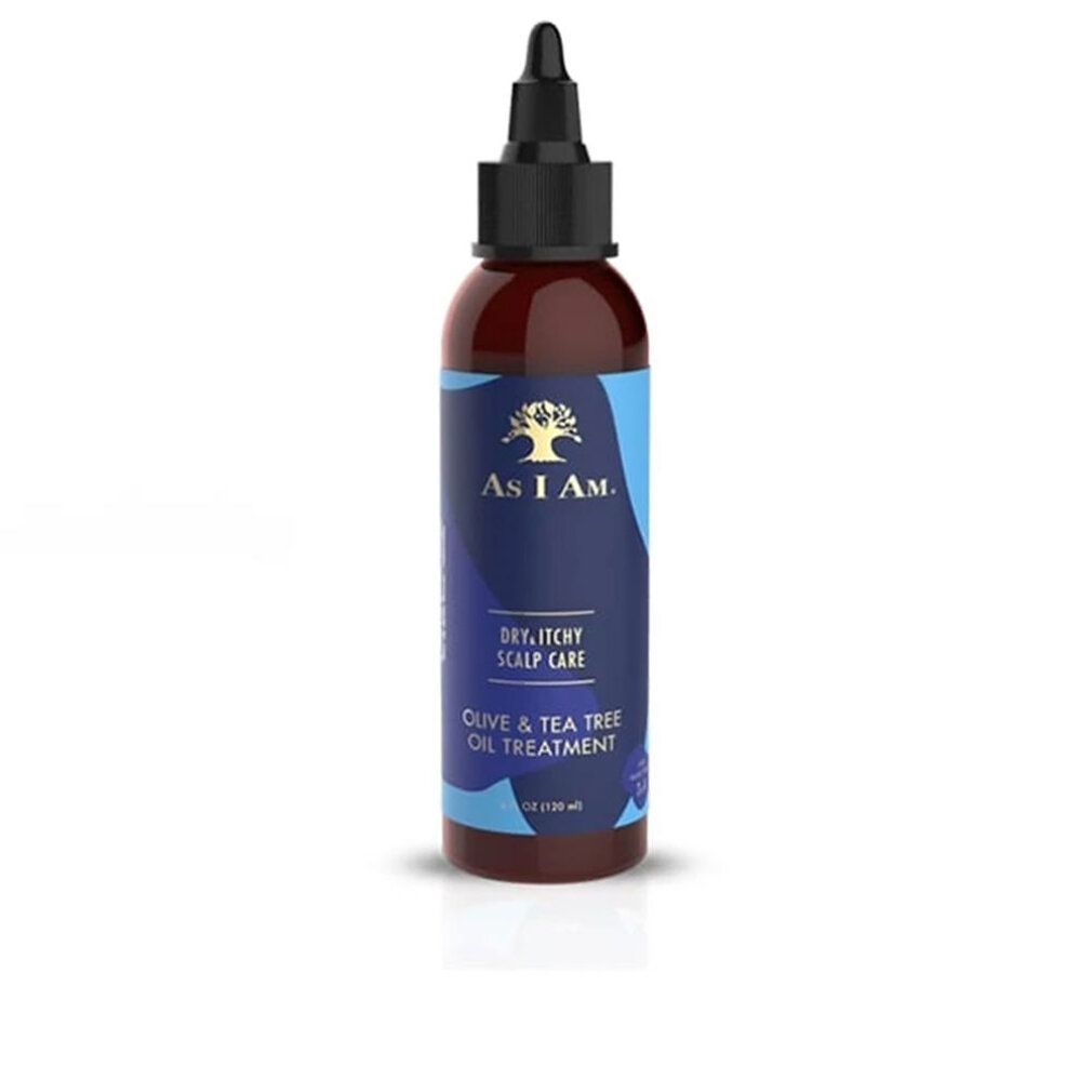 Bruine fles met zwarte applicator. Label met logo en tekst: Dry, Itchy Scalp Care, Olive & Tea Tree Oil Treatment.