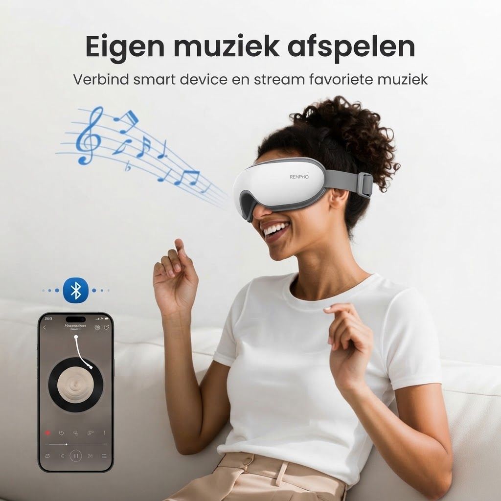 Wit en grijs oogmasker met Bluetooth-symbool en muzieknoten, naast een smartphone met muziek-app.