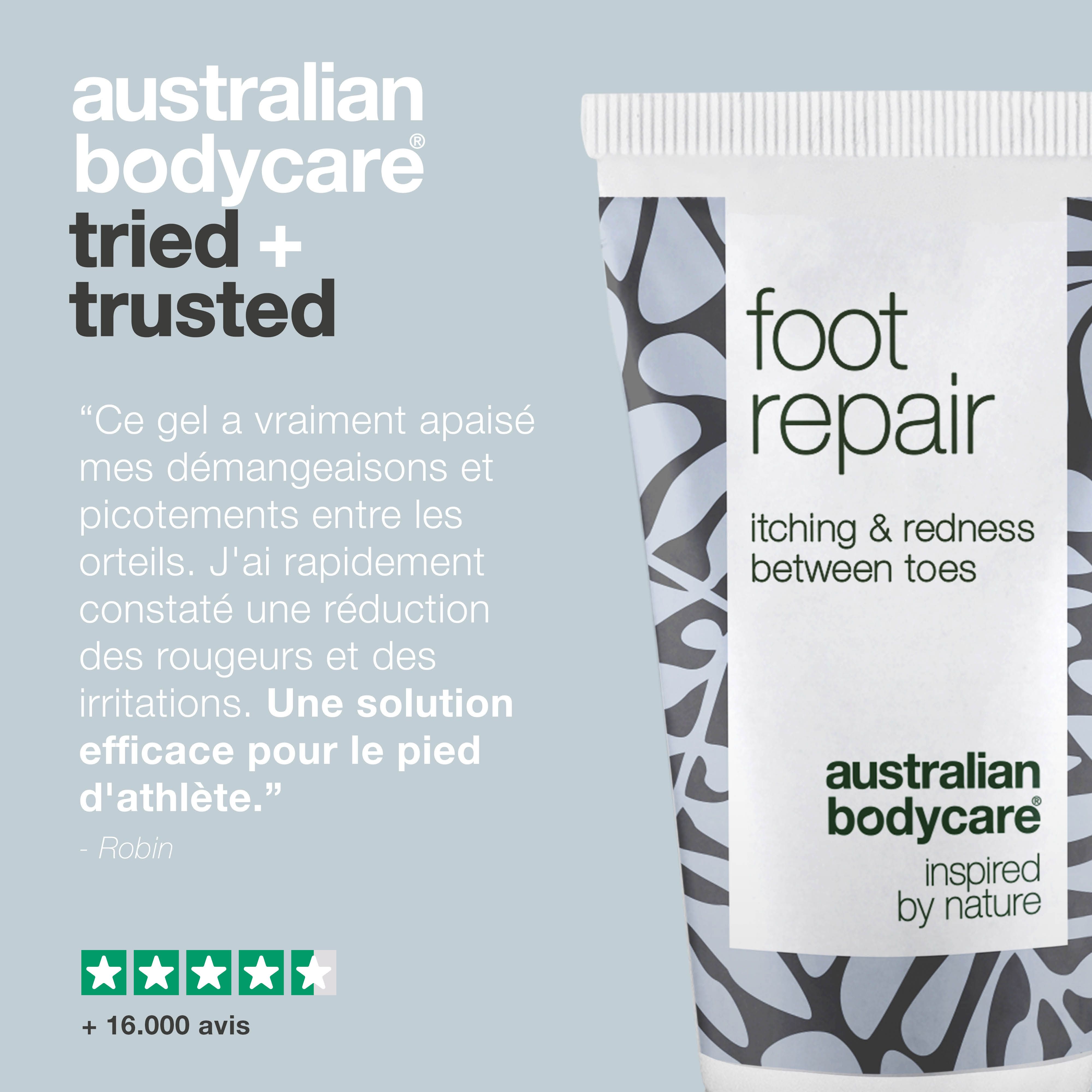 Tube de soin des pieds : foot repair, itching & redness between toes, Australian Bodycare. Texte : +16.000 avis.