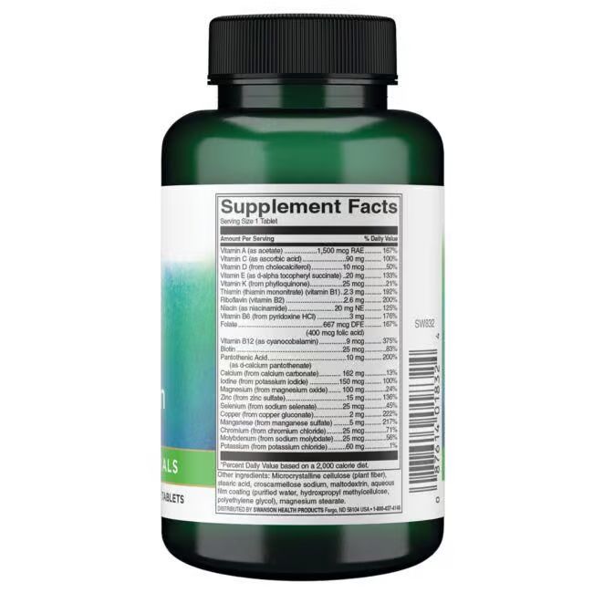 Flacon vert avec bouchon noir. Étiquette avec informations nutritionnelles et ingrédients. Code-barres à droite.