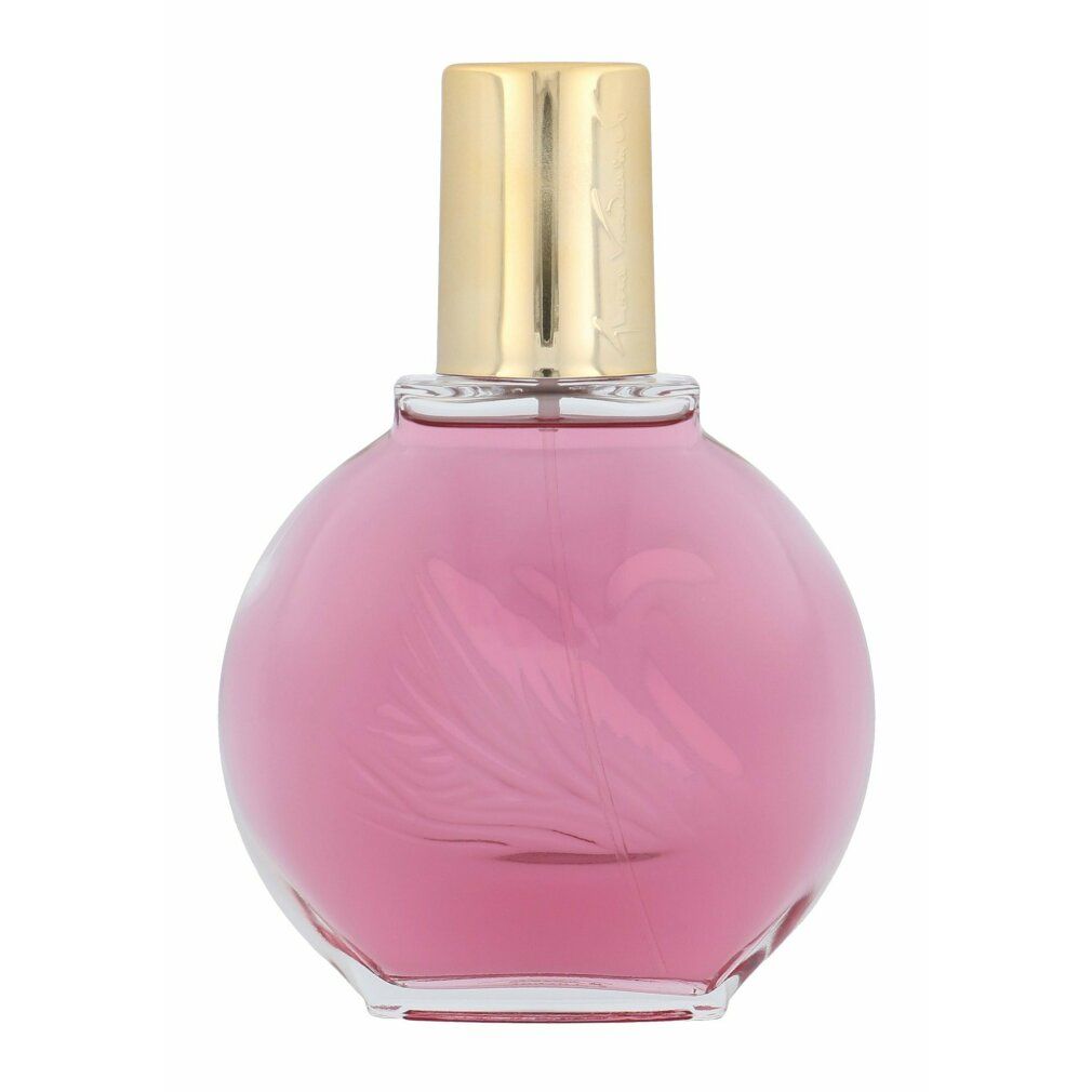 Flacon de parfum rose rond avec bouchon doré. Cygne en relief sur le flacon.