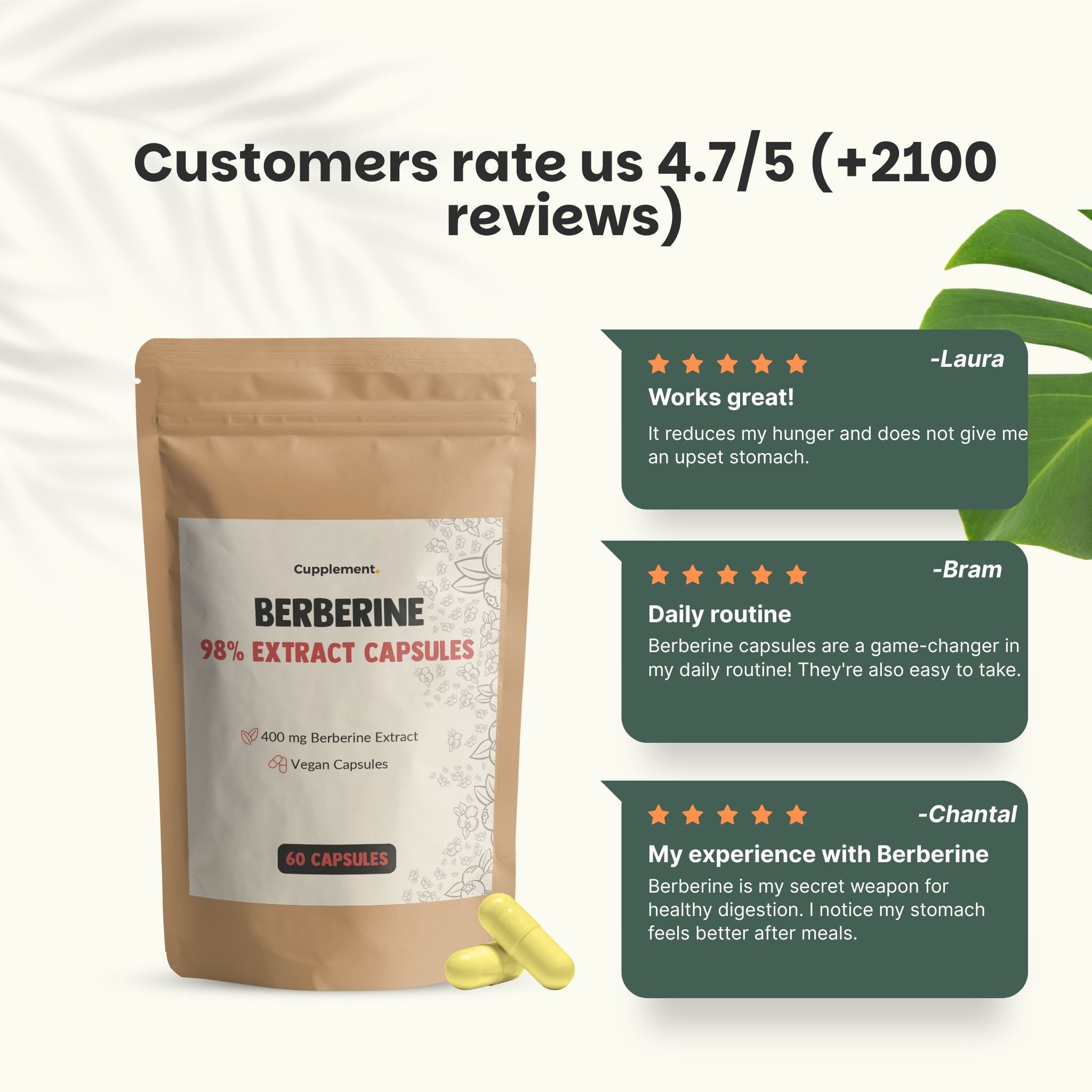 Avis clients avec gélules de berbérine Cupplement. 60 gélules. Gélules jaunes.