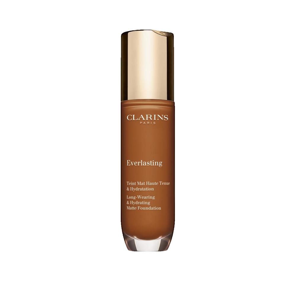 Vloeibare foundation in glazen fles met gouden dop. Opschrift: EVERLASTING, Teint Mat Haute Tenue & Hydratation.
