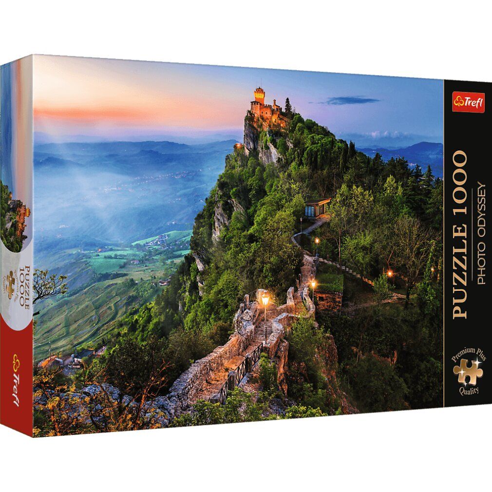 Boîte de puzzle avec paysage. Marque Trefl, puzzle 1000 pièces, Premium Plus Quality. Montagne avec château.