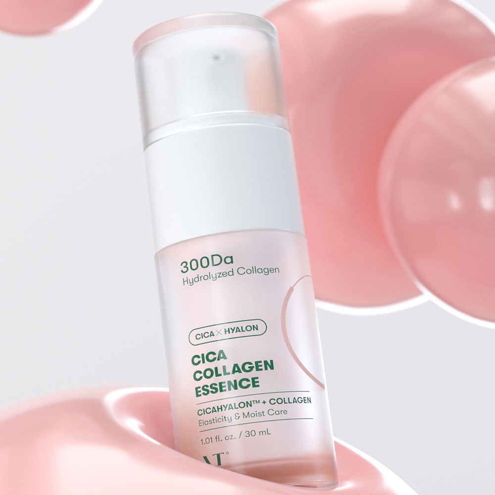 Flacon d'essence "300Da Hydrolyzed Collagen" et "Cica Collagen Essence". Fond rose avec ballons.