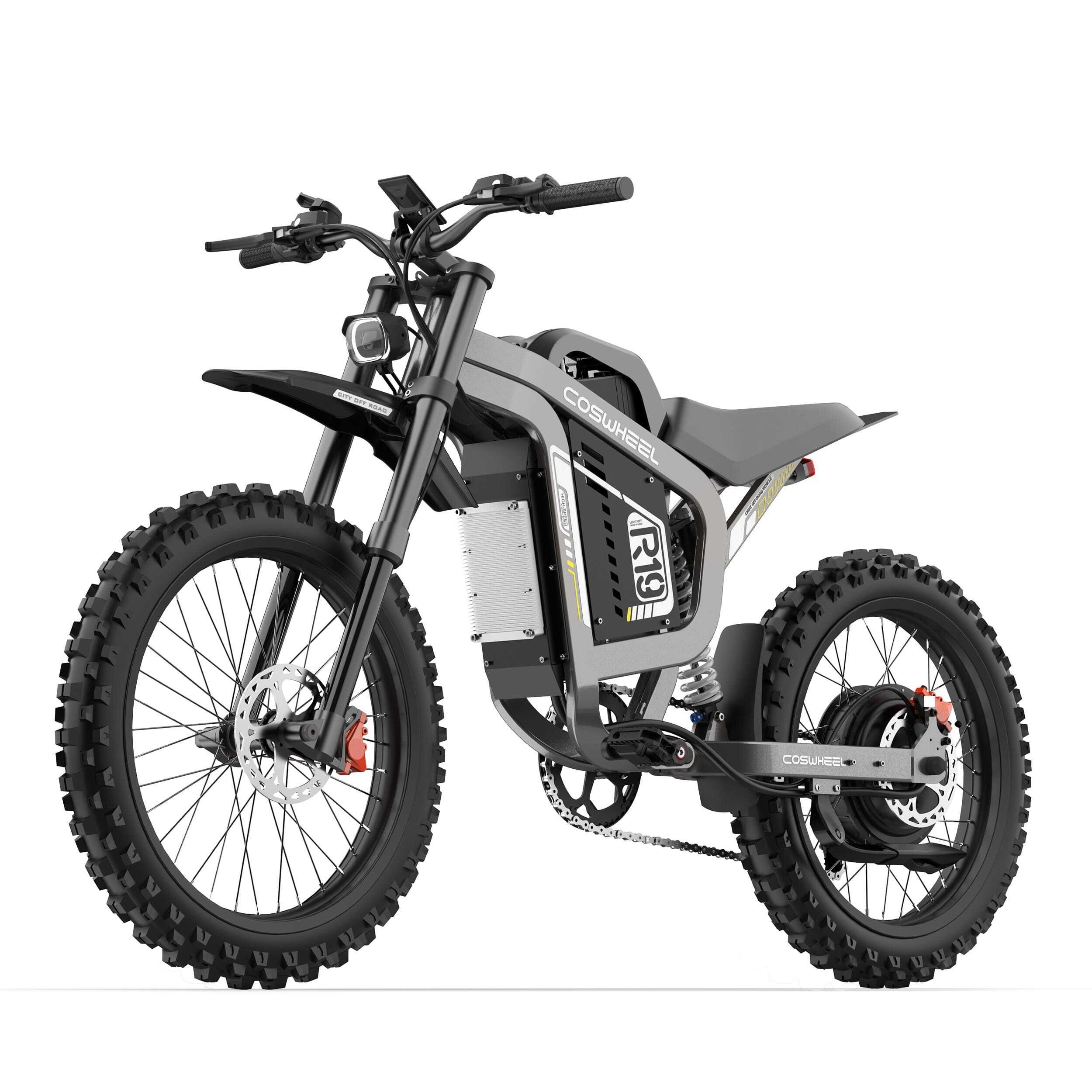 Grijze COSWHEEL R19 elektrische dirtbike. Zijaanzicht. Zwarte banden, stuur, accubehuizing, R19-logo.