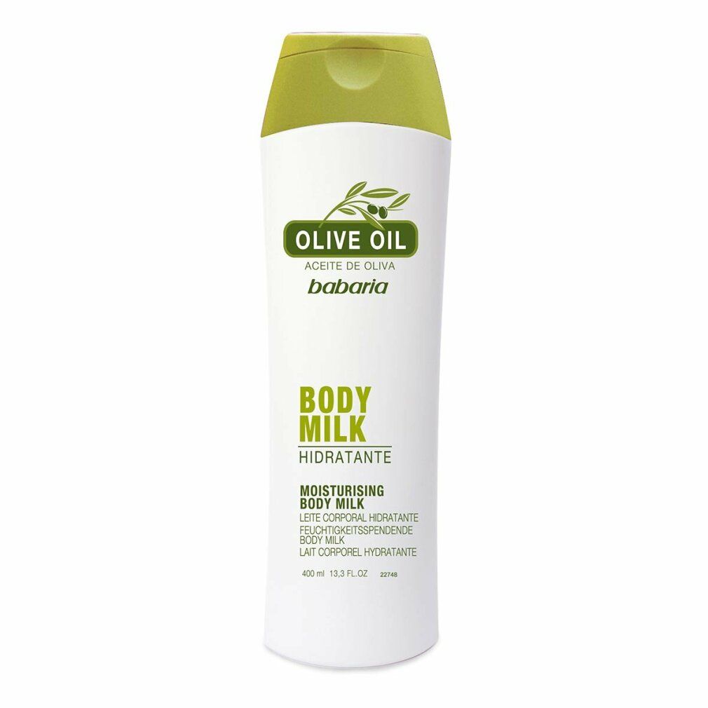 Witte fles Babaria Body Milk met olijfolie-opdruk en groene dop.