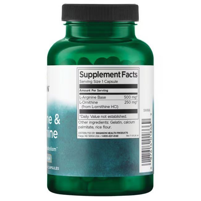 Dos d'un flacon vert. Étiquette blanche avec informations nutritionnelles. Contient de la L-Arginine et de la L-Ornithine.