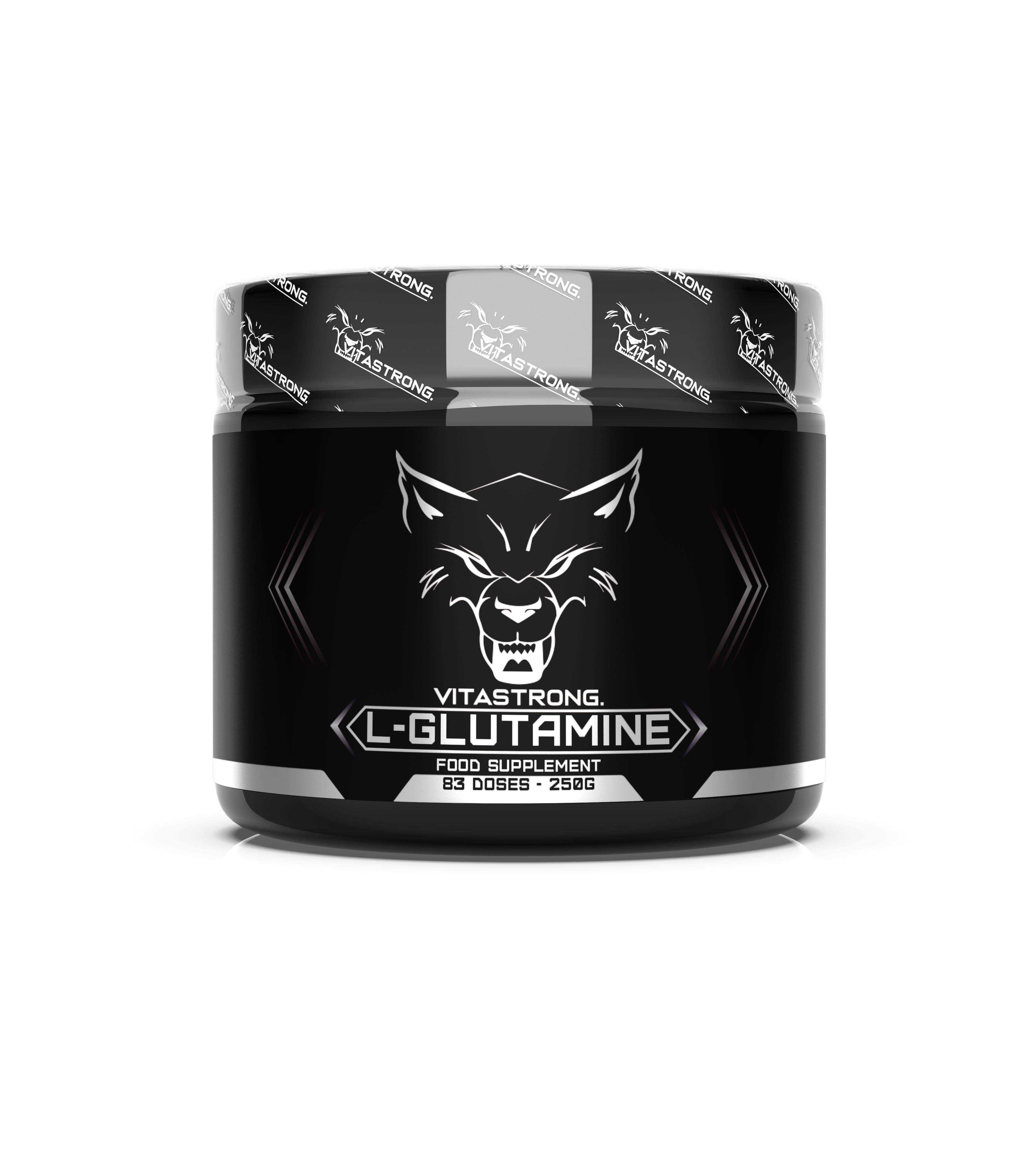 Pot noir avec inscription : Vitastrong L-Glutamine. 83 doses, 250g.