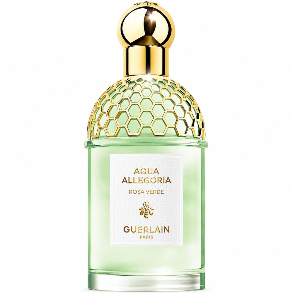 Flacon Guerlain Aqua Allegoria Rosa Verde Eau de Toilette avec bouchon doré orné d'une abeille.
