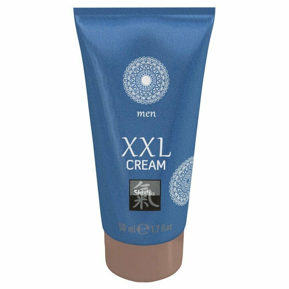 Blauwe tube met "XXL CREAM". Bruine dop. "men" en logo. 50 ml / 1.7 fl.oz.