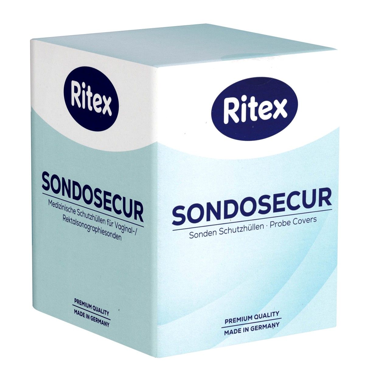 Emballage Ritex SONDOSSECUR. Inscription : Housses de protection médicales pour sondes vaginales/rectales. Qualité supérieure. Fabriqué en Allemagne.