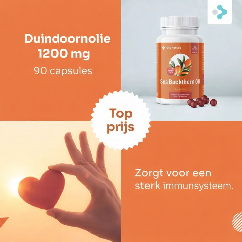Hand houdt rood hart vast. Daarnaast fles met capsules. Tekst: Duindoornolie 1200 mg, Top prijs.