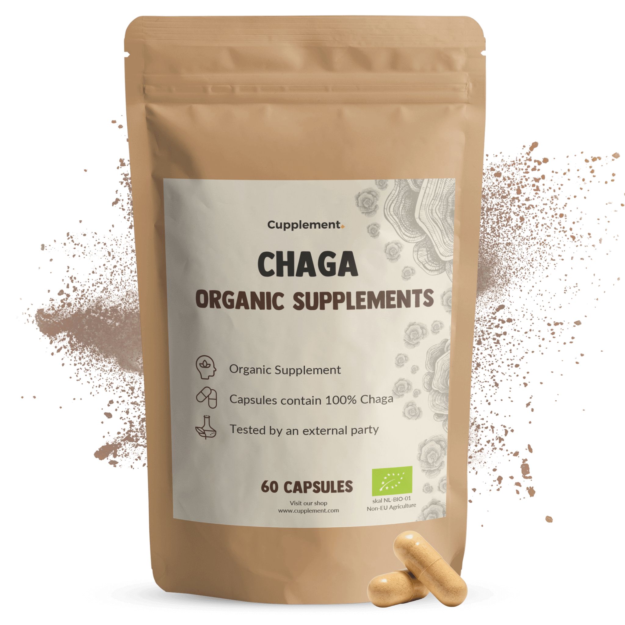 Sachet de gélules de Chaga. Inscription : Chaga Organic Supplements. 60 gélules. Deux gélules à côté.