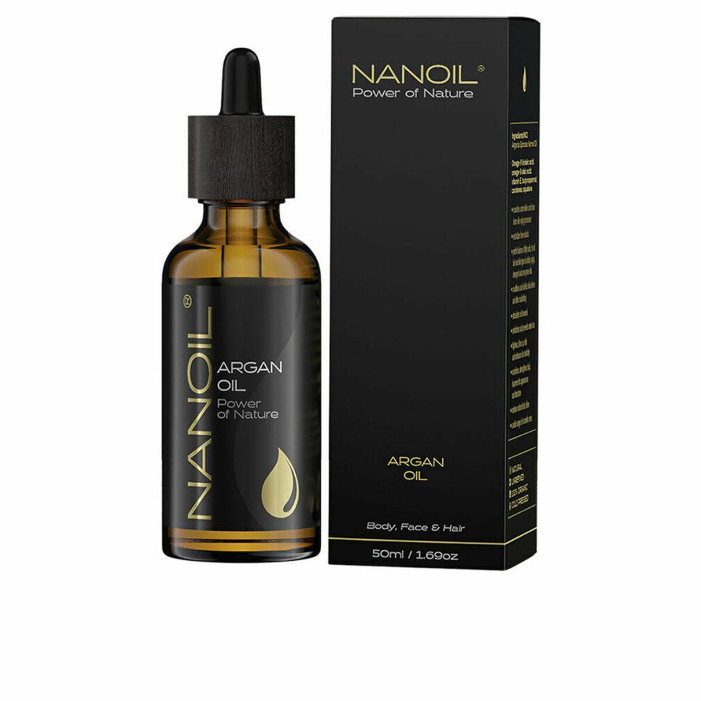 Flacon en verre brun avec pipette et emballage noir. Inscription: NANOIL Argan Oil. 50ml.