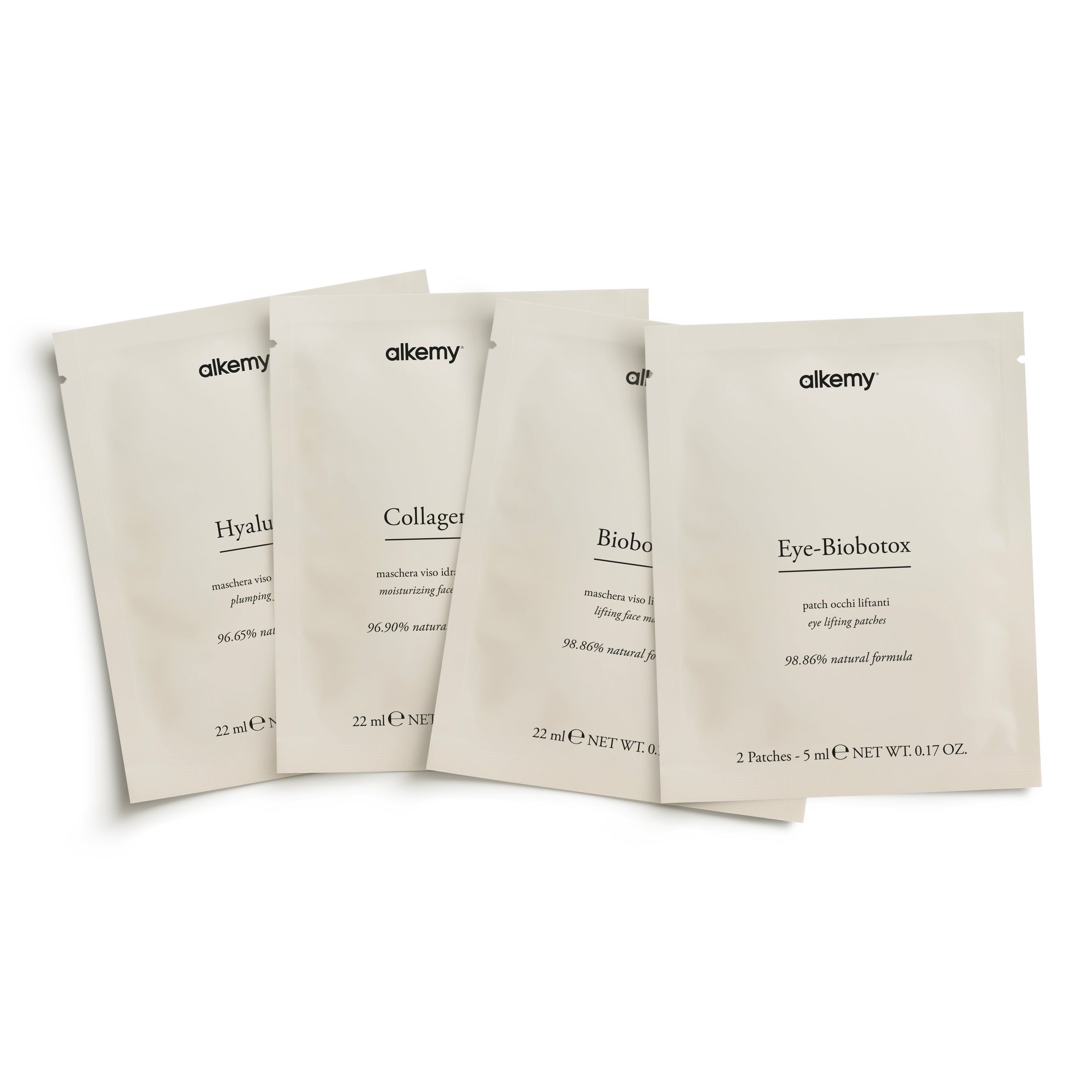 Allemy Hyaluron, Collageen, Biobotox en Eye-Biobotox gezichtsmaskers.