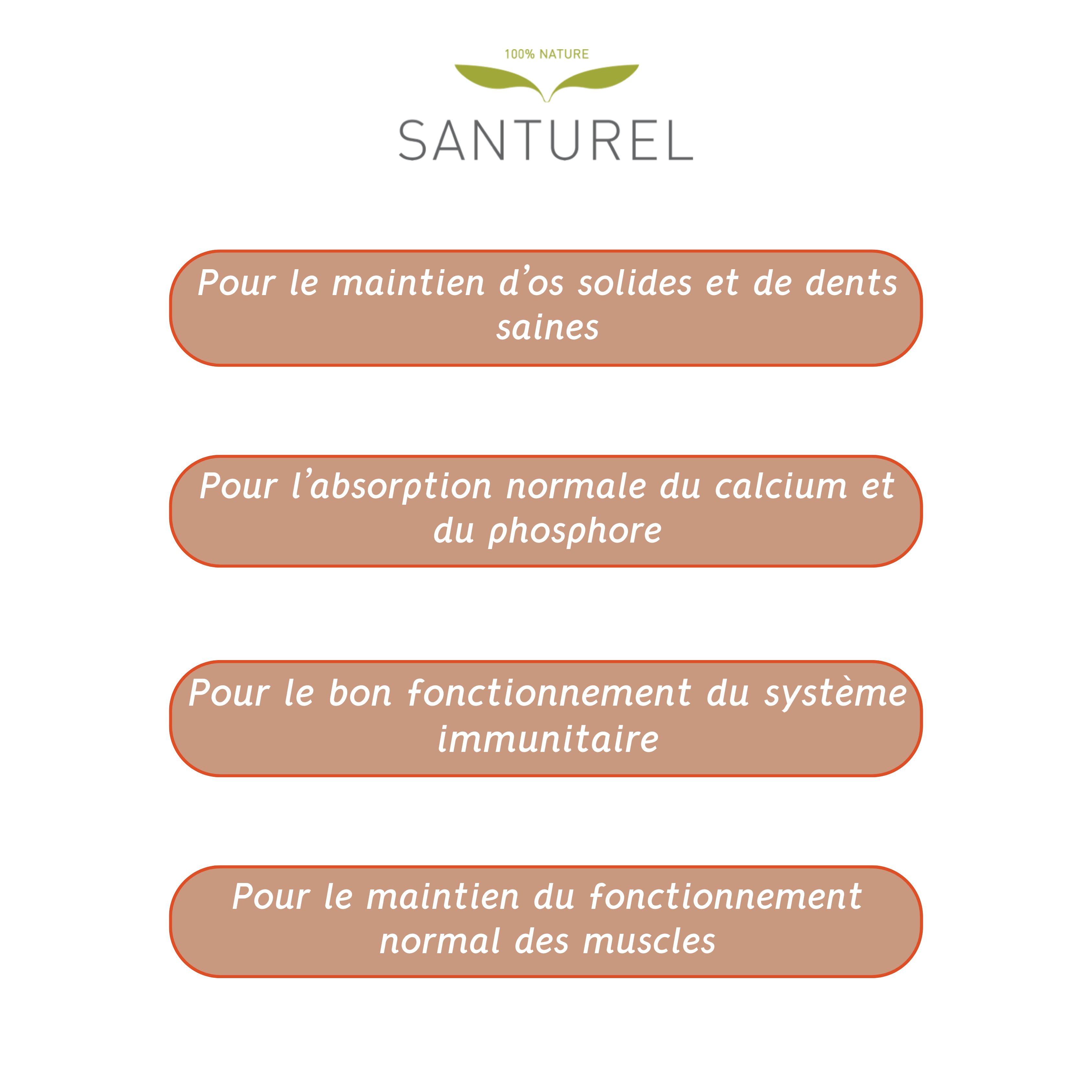 Champs de texte: Pour les os solides, l'absorption du calcium, le système immunitaire, la fonction musculaire.