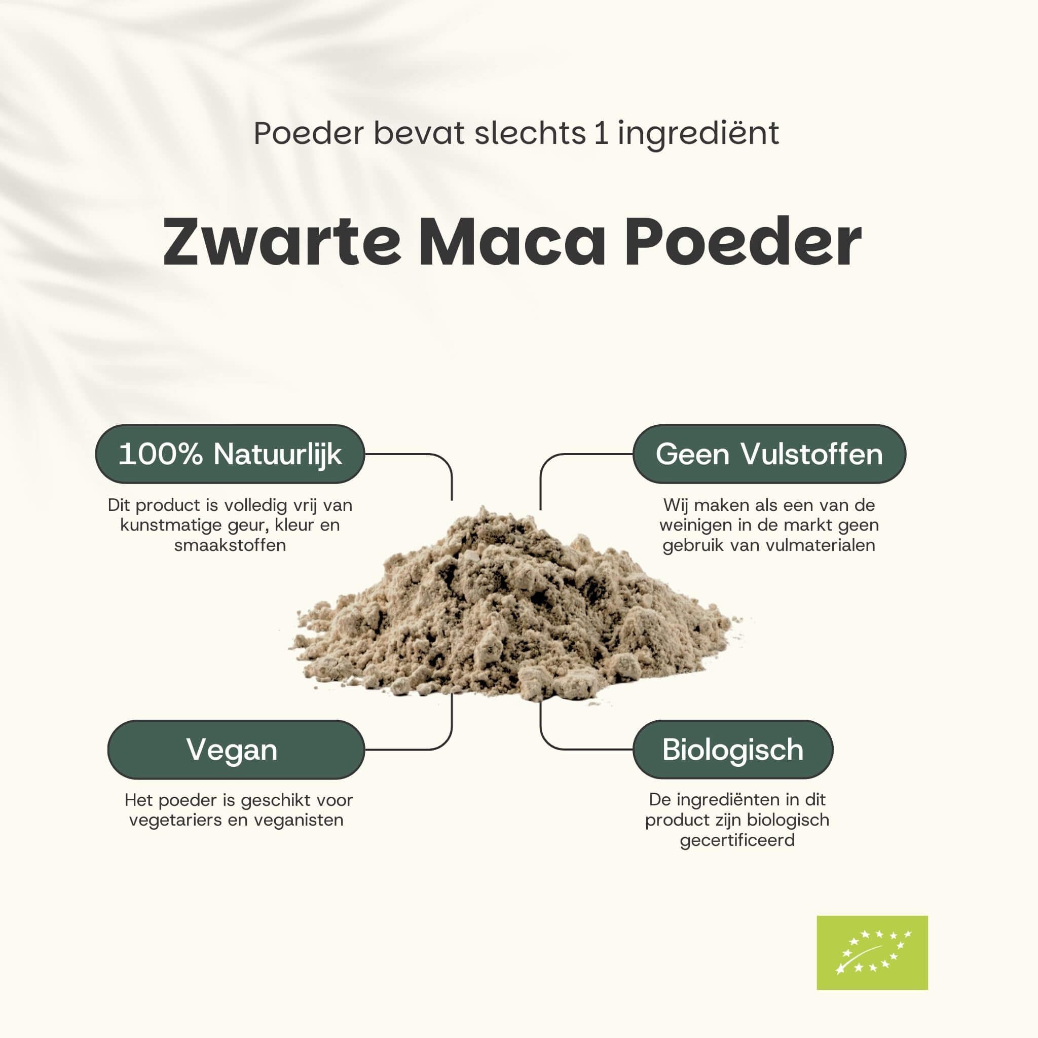 Grafiek met tekst: Zwarte Maca Poeder. 100% natuurlijk, geen vulstoffen, vegan, biologisch.