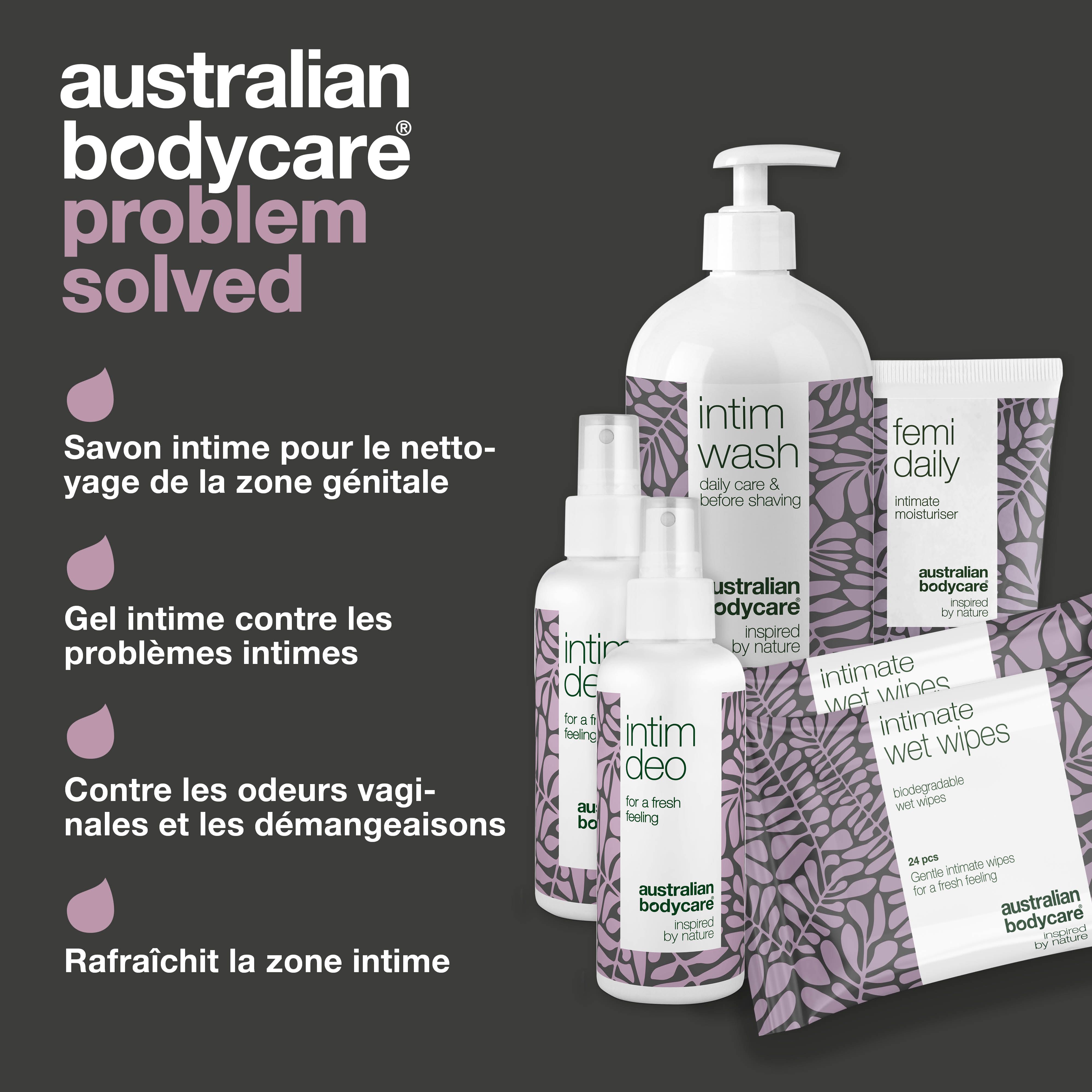 Ensemble de produits d'hygiène intime. Texte : 'Australian Bodycare' et avantages pour l'hygiène intime.