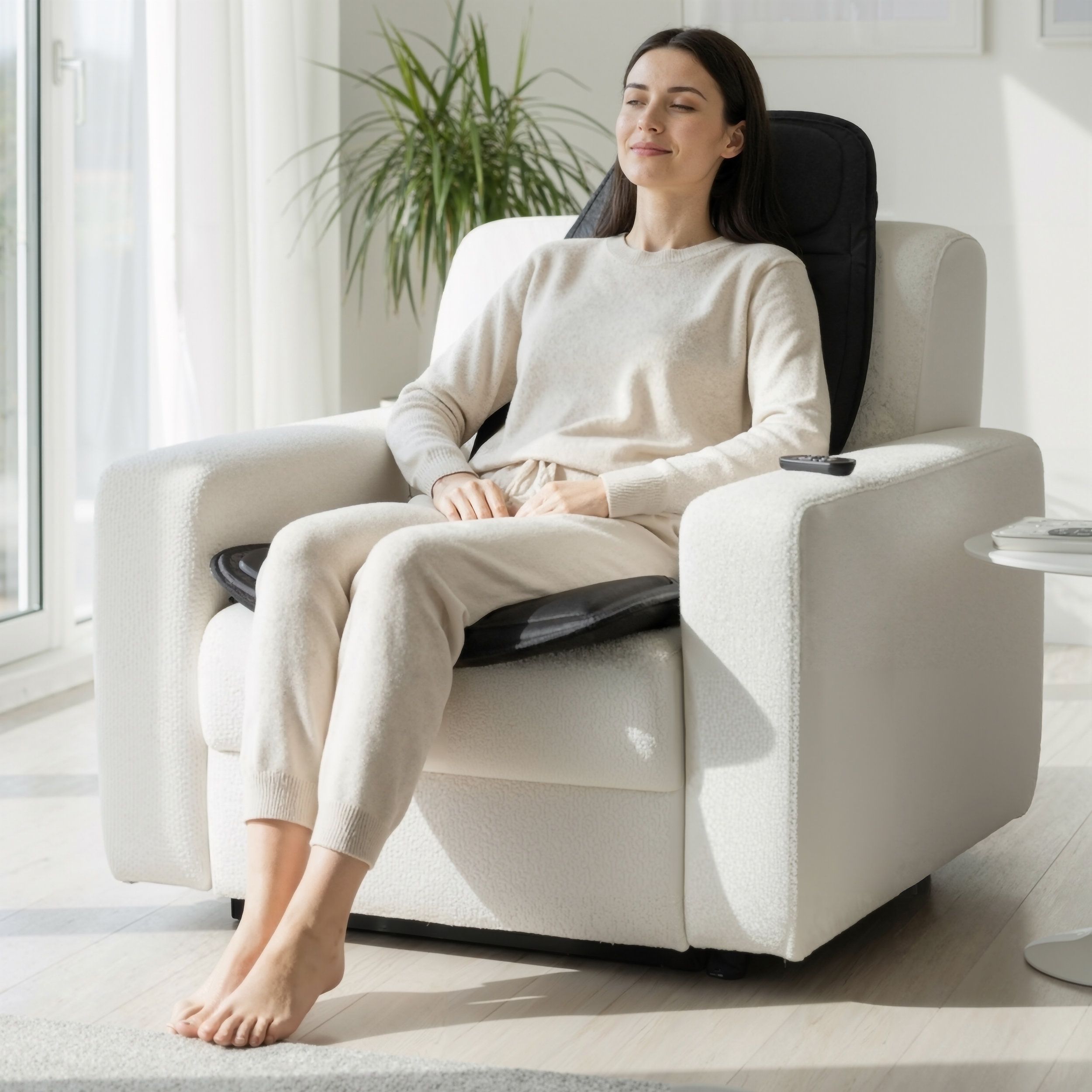 Coussin de massage noir sur fauteuil blanc. Femme assise détendue. Télécommande. Arrière-plan : pièce avec fenêtre et plante.