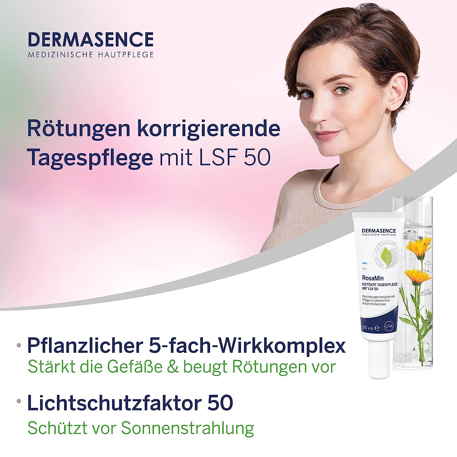 Femme avec tube de crème et plantes. Texte : Soin de jour correcteur de rougeurs avec SPF 50. Complexe végétal.