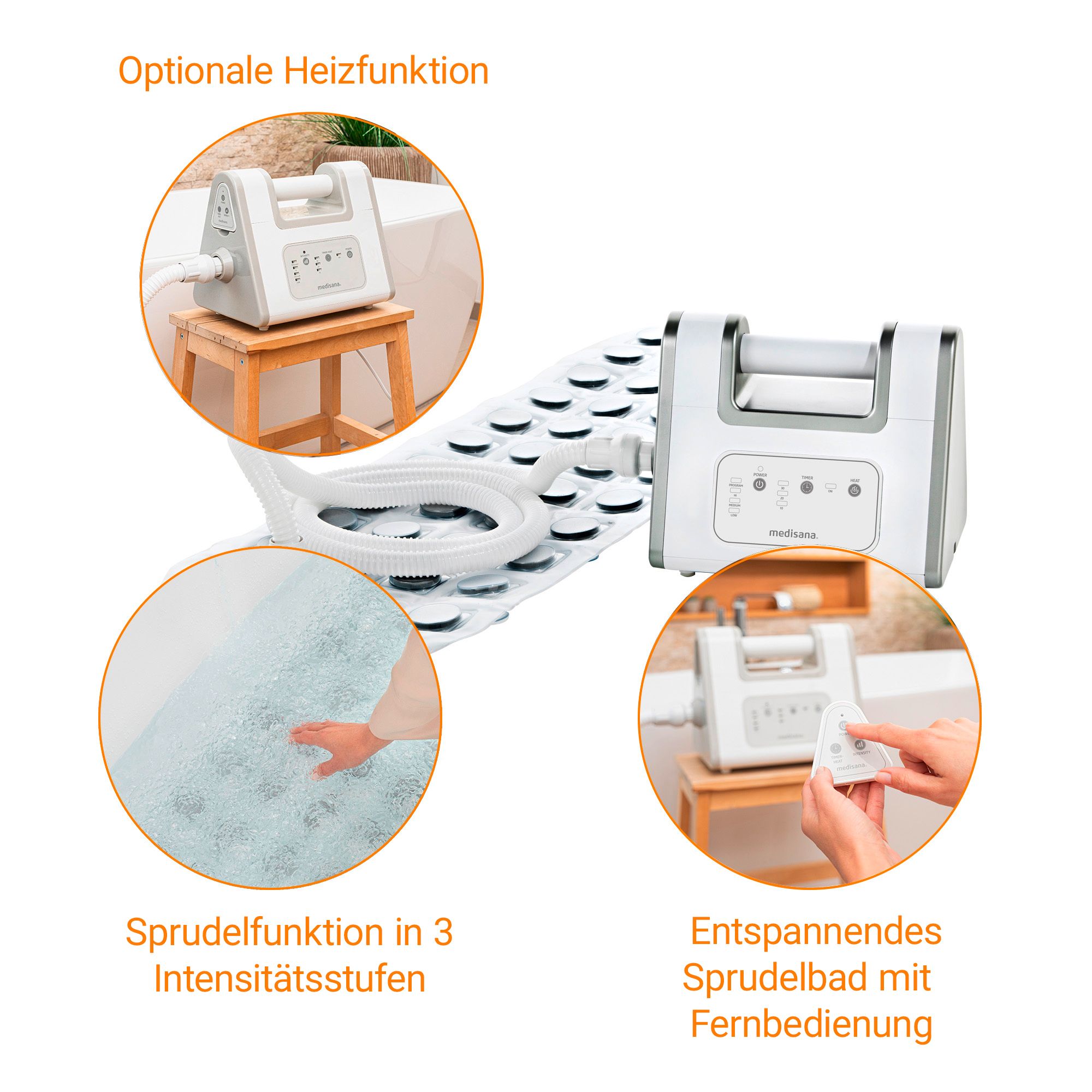 Ensemble bain à bulles d'air avec appareil, tapis, tuyau et vues détaillées des fonctions.