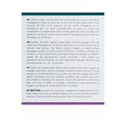 Tekstveld met meertalige productinformatie. Bevat instructies en ingrediënten. Tekst: Violet Rose, massagekaars, ingrediënten.