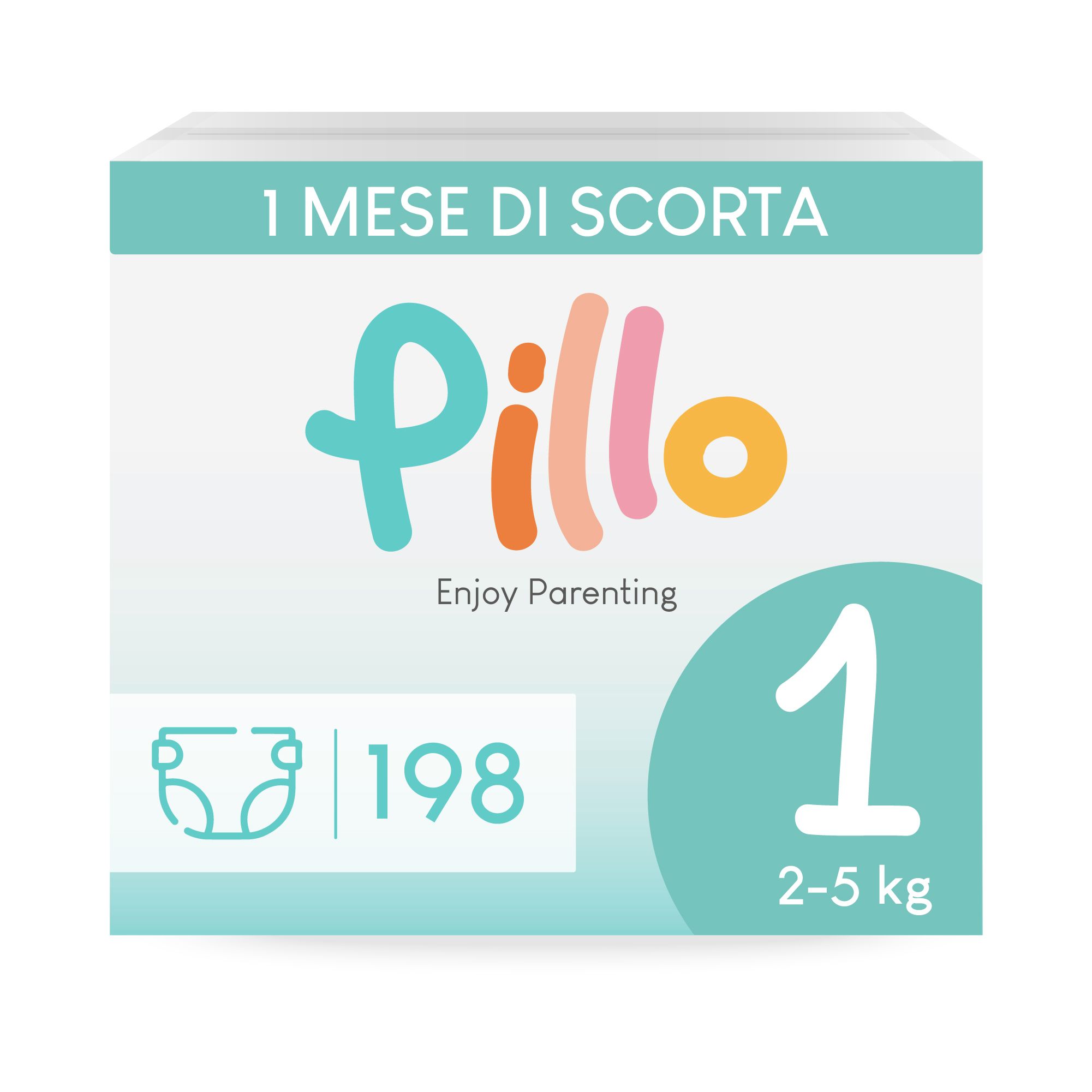 Pillo luiers, maat 1, verpakking. Tekst: 1 Mese di Scorta, Pillo, Enjoy Parenting, 1, 2-5 kg, 198 stuks.