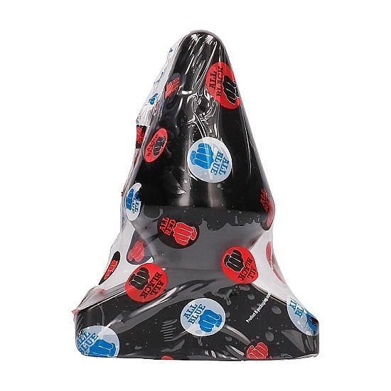 Bouchon anal conique dans un emballage noir avec des autocollants rouges et bleus "All Black".