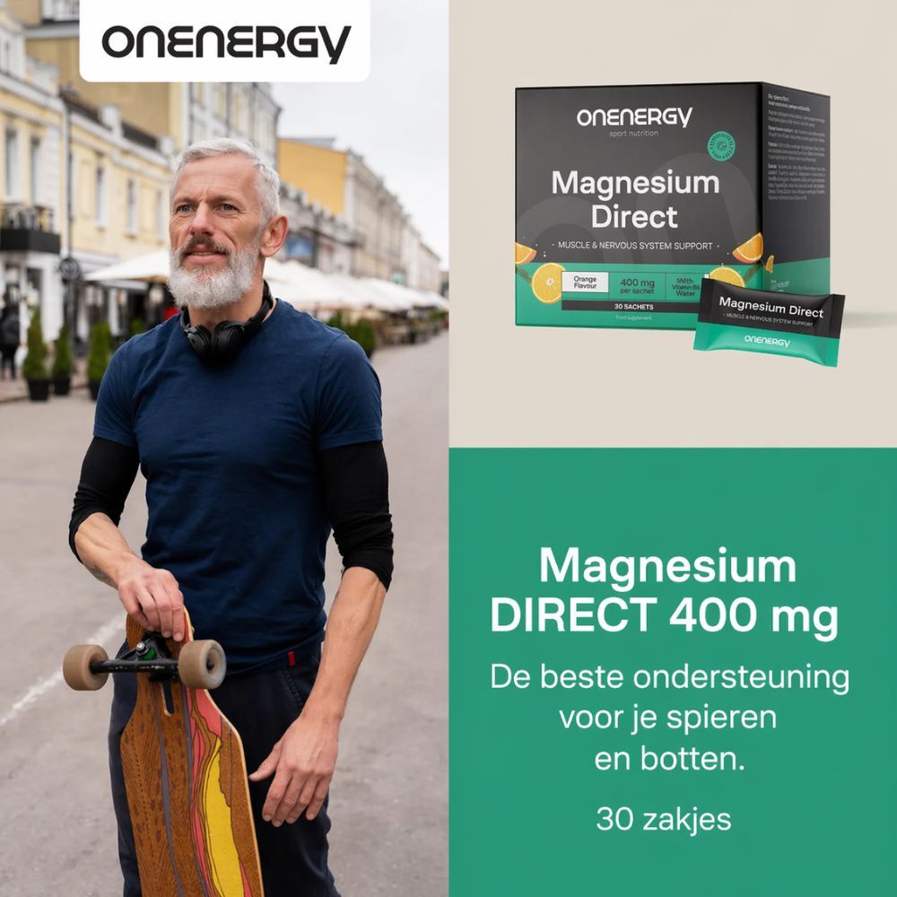 Magnesium DIRECT 400 mg. 30 zakjes. Doos met product en sinaasappels. Vrouw op de achtergrond.